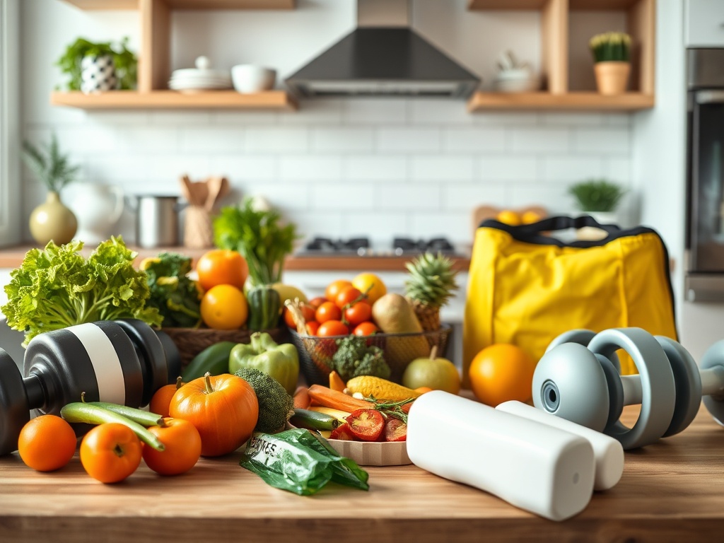 На столе свежие овощи и фрукты, рядом гантели и жёлтая сумка для еды. Здоровый образ жизни!