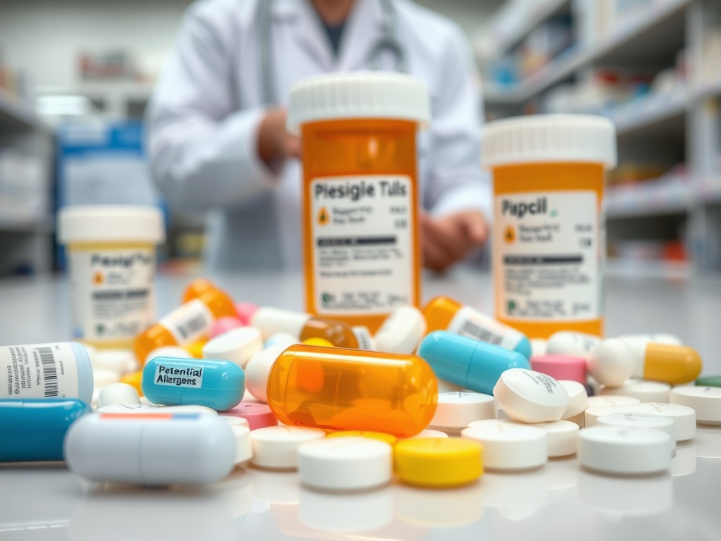 На столе разбросаны таблеток и лекарственные бутылочки с названиями препаратов. Фон – аптека.