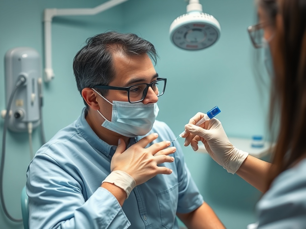 Пациент в медицинском кабинете получает инъекцию от врача. Обстановка спокойная и профессиональная.