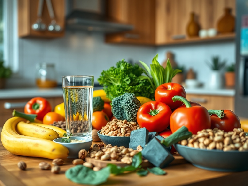 На кухонном столе разнообразные фрукты, овощи, орехи и стакан воды. Яркие цвета и свежие продукты.