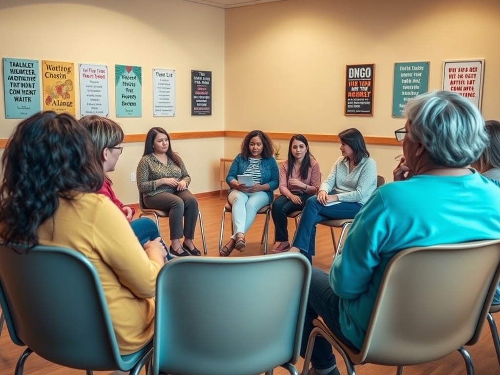 Группа людей обсуждает важные темы в окружении стен с мотивационными цитатами.