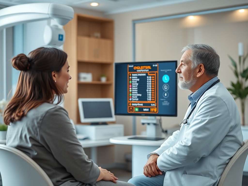 Врач обсуждает результаты анализов холестерина с пациенткой в медицинском кабинете.