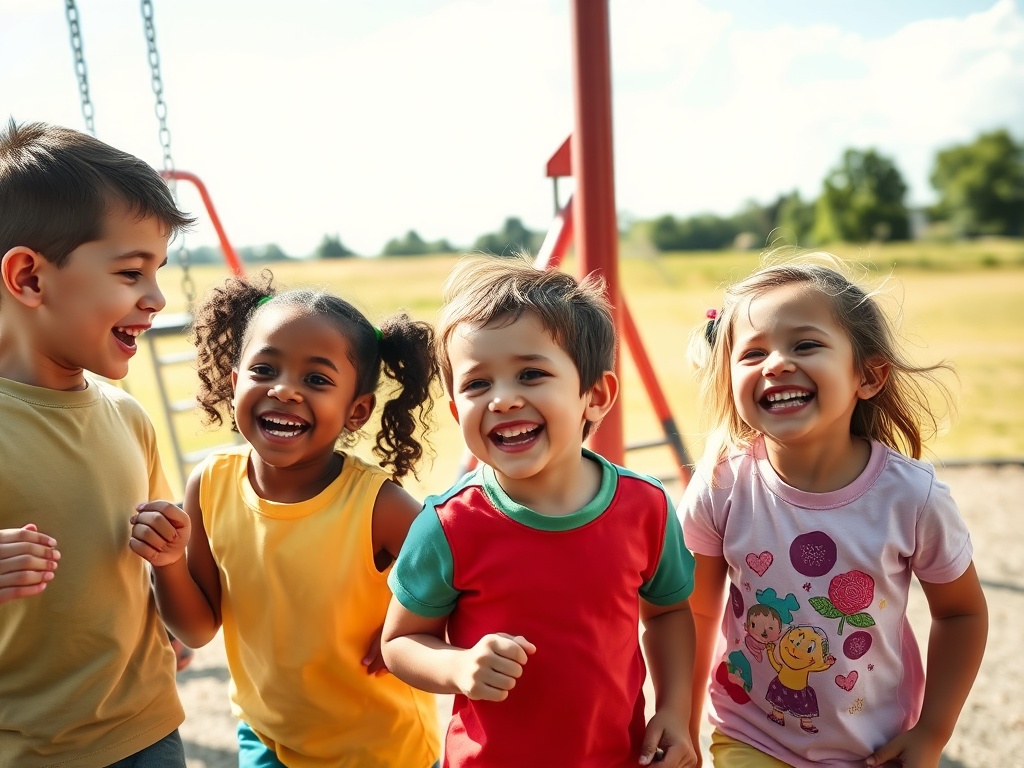 На картинке четверо детей, смеющихся и играющих на площадке в солнечный день.