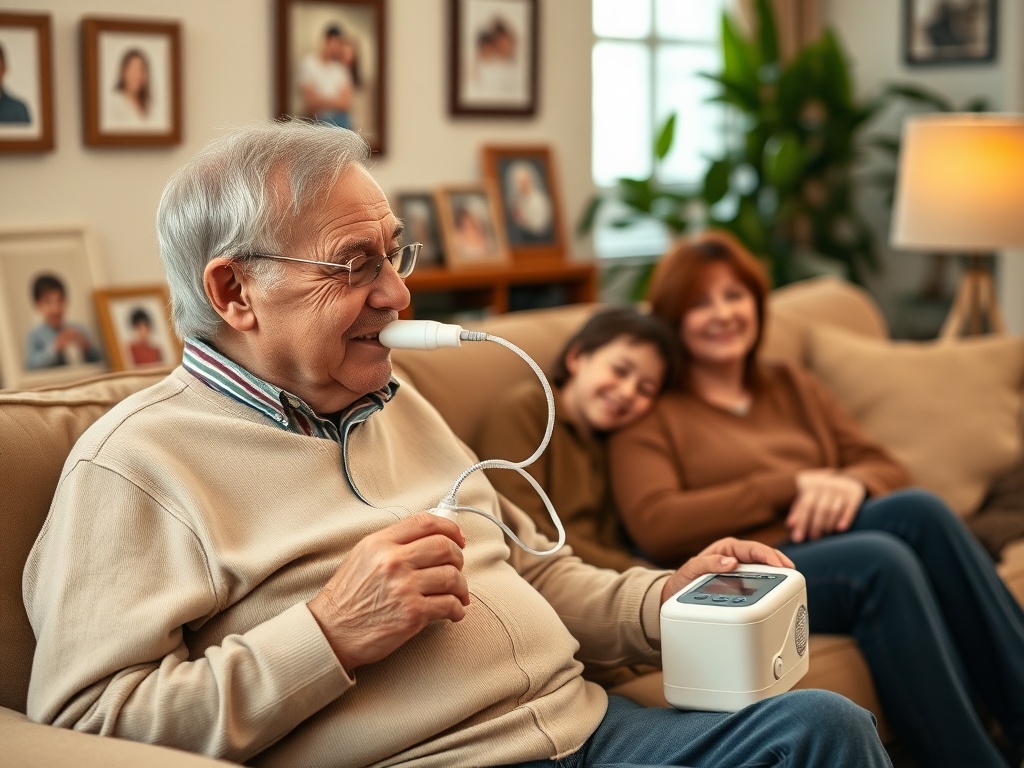 На изображении пожилой человек использует медицинский прибор, сидя на диване, рядом с семьей.