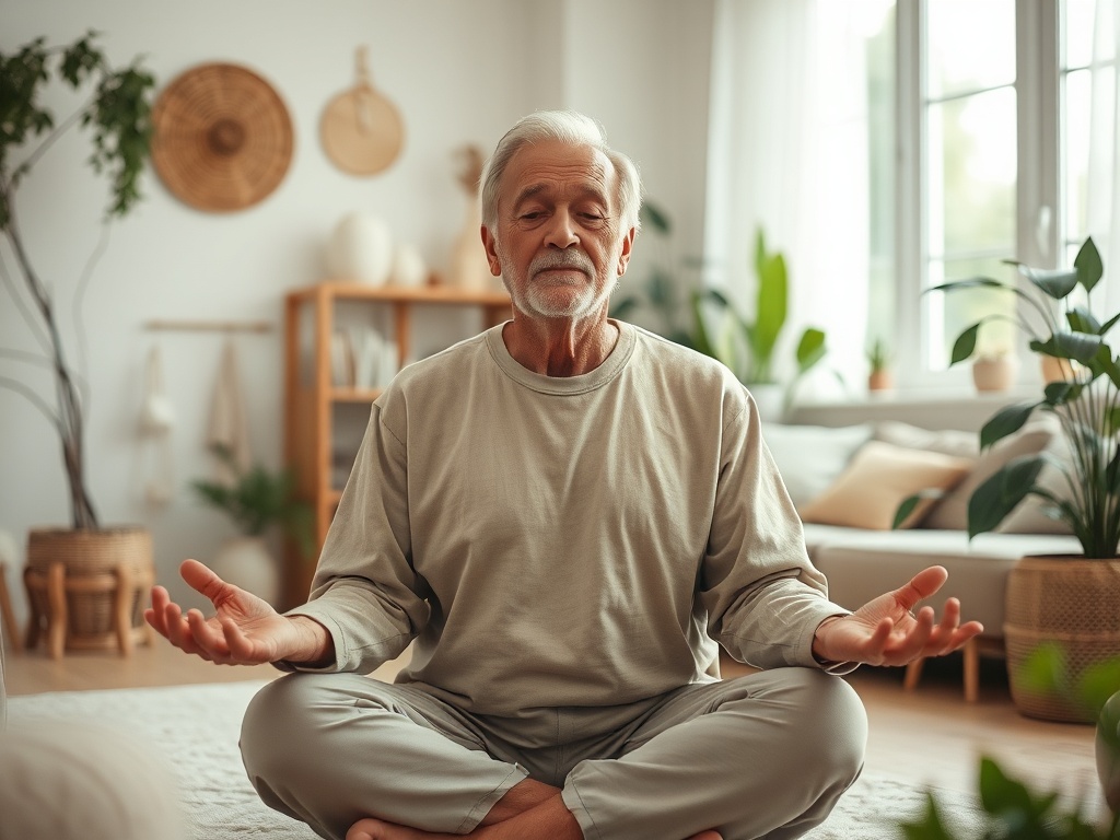 Пожилой мужчина медитирует в уютной комнате, окружённой зелёными растениями и мягким светом.