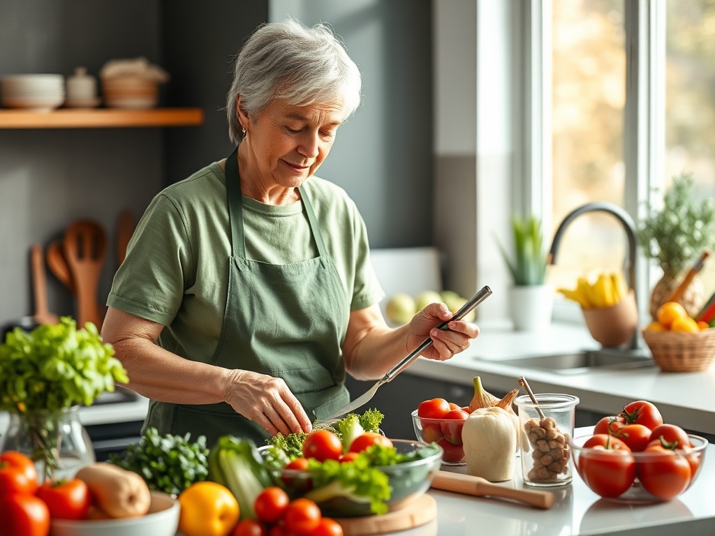 Пожилая женщина готовит овощи на кухне, окруженная свежими продуктами и кухонной утварью.