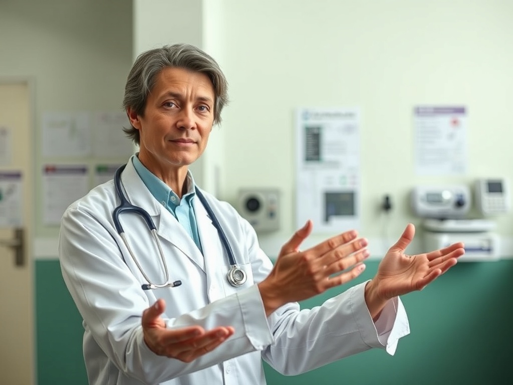 Врач в медицинском кабинете, улыбается и жестом указывает на что-то важное.