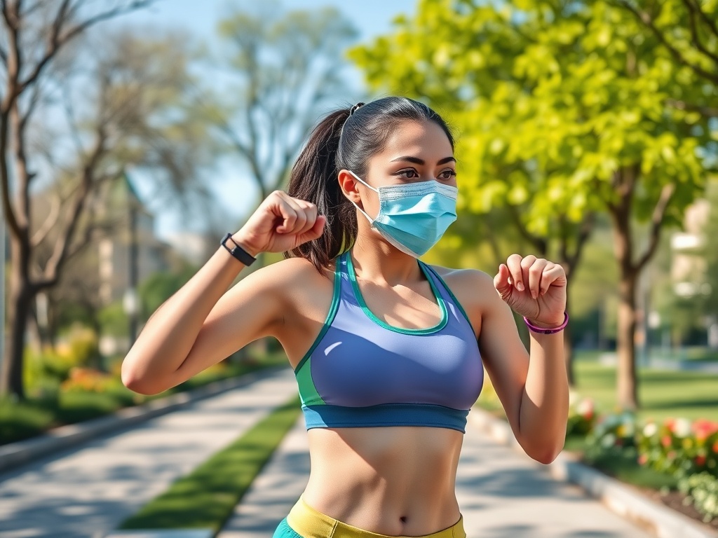 Молодая женщина в маске бегает по парку в солнечный день, наслаждаясь активным образом жизни.