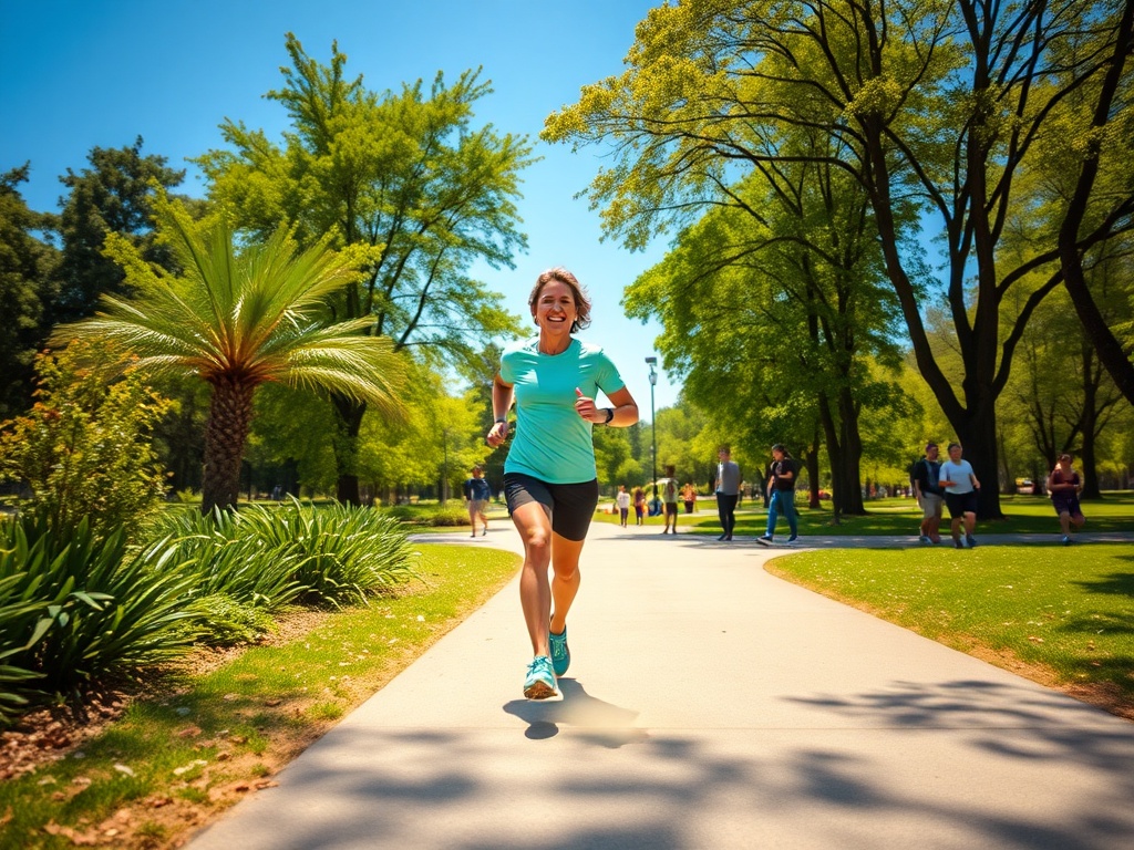 Женщина в спортивной одежде бежит по парку в солнечный день среди зелёных деревьев и кустарников.