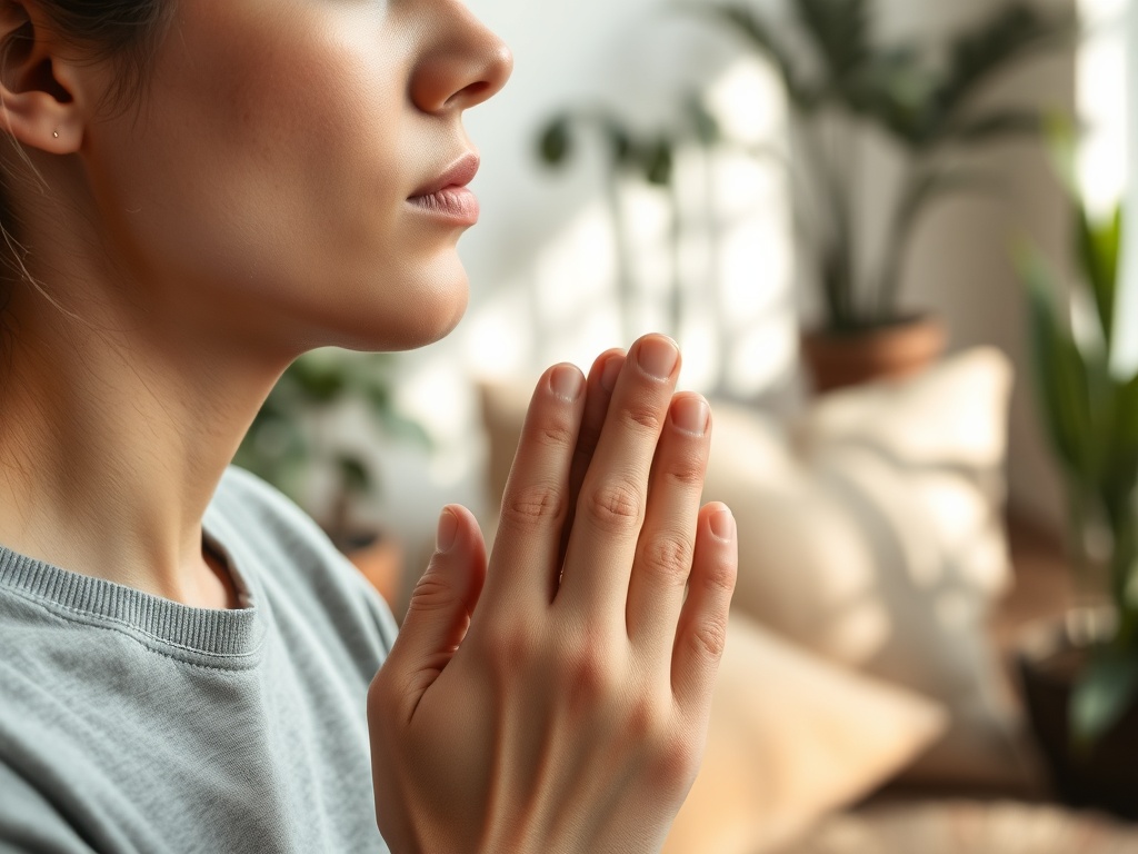 Женщина с складёнными руками в молитве на фоне растений и мягкой мебели. Спокойная и умиротворяющая атмосфера.