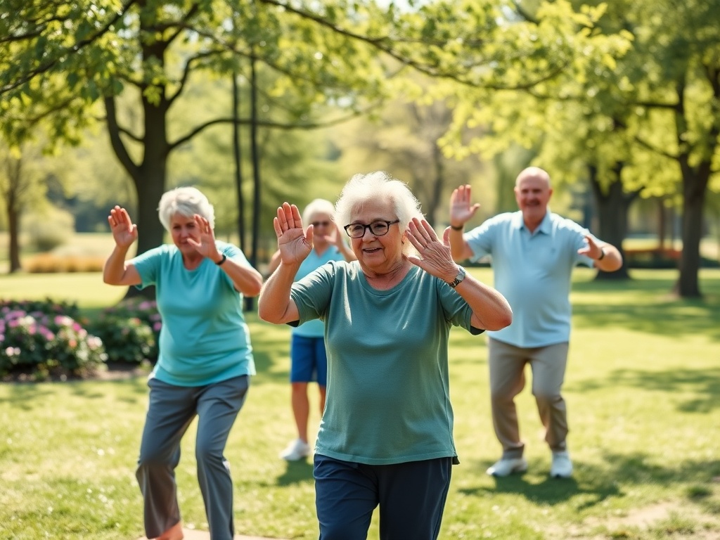Группа пожилых людей занимается физическими упражнениями на свежем воздухе в парке.
